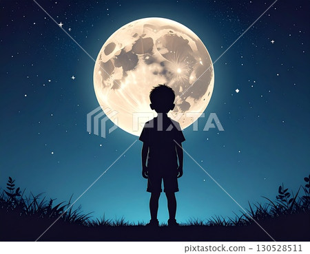 Silhouette of a child looking up at the moon Silhouette of a child looking up at the moon 130528511