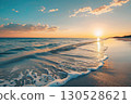 The sun sets over the ocean as waves crash on the beach. AI-generated content. 130528621