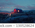 A charming red house sits quietly in a vast field under night. AI-generated content. 130528624