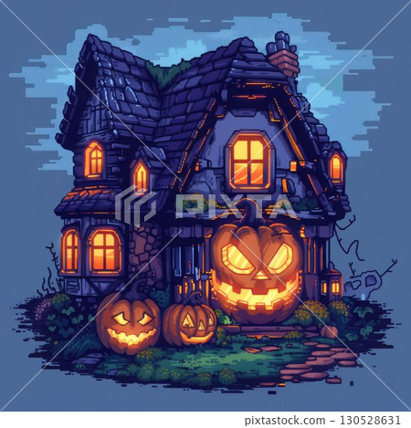 Creepy haunted house with glowing pumpkin lanterns in pixel art style, perfect for Halloween card, creates a creepy holiday atmosphere Creepy haunted house with glowing pumpkin lanterns in pixel art style, perfect for Halloween card, creates a creepy holiday atmosphere 130528631