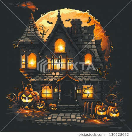 Halloween greeting card illustration with a spooky haunted house and glowing pumpkins, perfect for festive decorations, invitations, or seasonal wishes 130528632