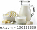 A pitcher of fresh milk placed beside a bowl of cottage cheese. AI-generated content. 130528639