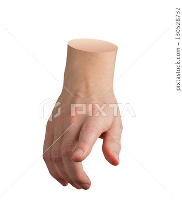 Finger pointing downward, hand pushing touchscreen, outstretched arm, wrist reaching out, tip 130528732