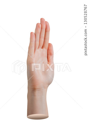 Hand with palm open and fingers together in welcoming greeting gesture. Raised arm from front Hand with palm open and fingers together in welcoming greeting gesture. Raised arm from front 130528767