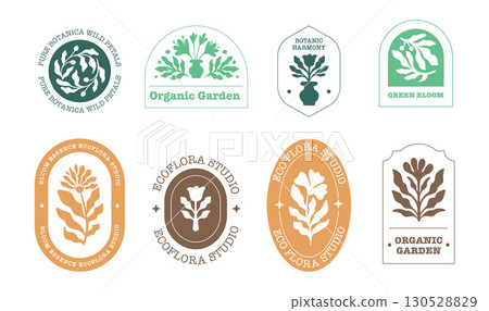 Hand-drawn Floral Logo Set. Minimal Badges and Botanical Emblems in a Vector illustration 130528829