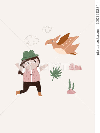 Cute Girl Explorer with Baby Pterodactyl Dinosaur Illustration 130528884