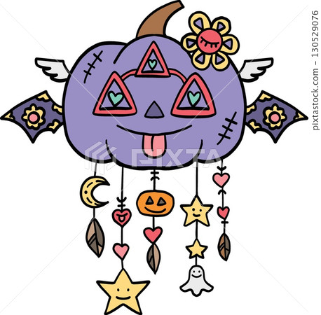halloween cute cartoon. Purple Halloween pumpkin with three eyes and hanging charms cartoon. retro trendy halloween in doodle pastel color style halloween cute cartoon. Purple Halloween pumpkin with three eyes and hanging charms cartoon. retro trendy halloween in doodle pastel color style 130529076