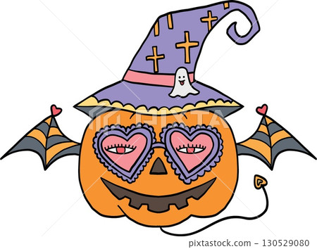 halloween cute cartoon. Halloween pumpkin with heart-shaped eyes, witch hat, and bat wings. retro trendy halloween in doodle pastel color style 130529080