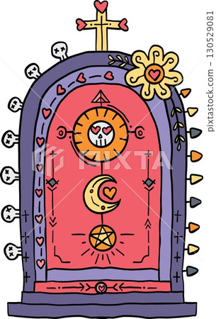 halloween cute cartoon. Colorful mystical altar with sun, moon, star, and skull decorations. retro trendy halloween in doodle pastel color style halloween cute cartoon. Colorful mystical altar with sun, moon, star, and skull decorations. retro trendy halloween in doodle pastel color style 130529081
