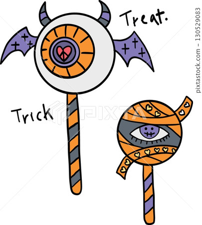 halloween cute cartoon. Two Halloween-themed lollipops with eyes, hearts, and wings illustration. retro trendy halloween in doodle pastel color style 130529083