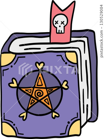 halloween cute cartoon. Purple magic book with pentagram and skull bookmark illustration retro trendy halloween in doodle pastel color style 130529084