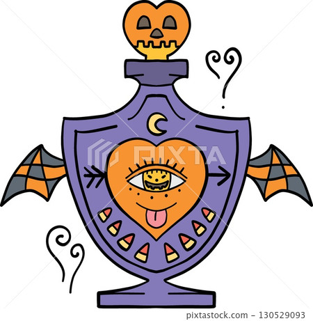 halloween cute cartoon. Halloween-themed purple bottle with bat wings and a pumpkin stopper retro trendy halloween in doodle pastel color style 130529093