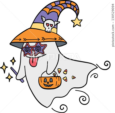 halloween cute cartoon. Cute Halloween ghost with a witch hat, candy, and star-shaped glasses retro trendy halloween in doodle pastel color style halloween cute cartoon. Cute Halloween ghost with a witch hat, candy, and star-shaped glasses retro trendy halloween in doodle pastel color style 130529094