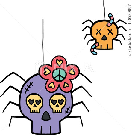 halloween cute cartoon. Two cartoon skull spiders hang from webs with colorful decorative details. retro trendy halloween in doodle pastel color style halloween cute cartoon. Two cartoon skull spiders hang from webs with colorful decorative details. retro trendy halloween in doodle pastel color style 130529097