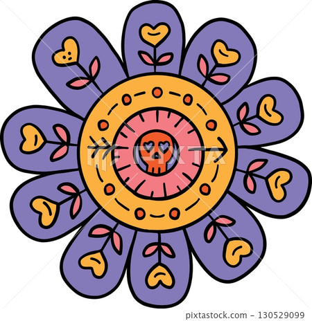 halloween cute cartoon. Colorful floral mandala with skull and arrow heart motifs in folk style retro trendy halloween in doodle pastel color style halloween cute cartoon. Colorful floral mandala with skull and arrow heart motifs in folk style retro trendy halloween in doodle pastel color style 130529099