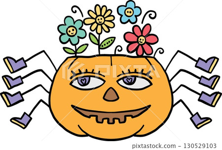 halloween cute cartoon. Whimsical pumpkin with smiling face, flowers sprouting, and spider legs. retro trendy halloween in doodle pastel color style 130529103