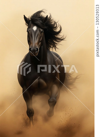 Wild black horse running fast through desert dust 130529313