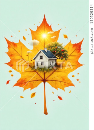 Small white house on autumn leaf with sun and rain Small white house on autumn leaf with sun and rain 130529314