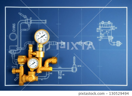 Industrial plumbing installation with copper pipe and connector 130529494