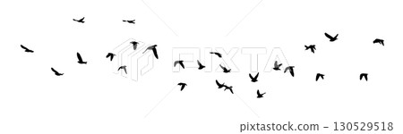 Flying birds silhouette flock. hand drawing. Not AI. Vector illustration 130529518