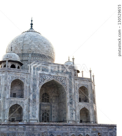 Agra India October 15 2024 Close up of the Taj Mahal s white marble facade and central dome, 130529655