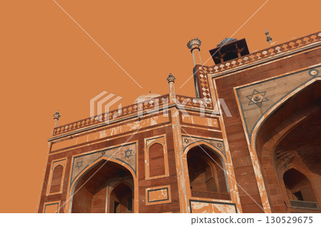 Close up of Humayun s Tomb in Delhi, India. Famous Mughal monument with a grand dome and decorative Close up of Humayun s Tomb in Delhi, India. Famous Mughal monument with a grand dome and decorative 130529675