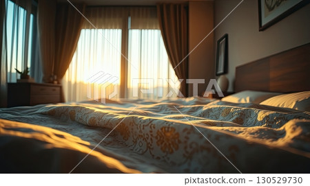 Cozy bedroom with soft bed linen and warm lighting. Cozy bedroom with soft bed linen and warm lighting. 130529730