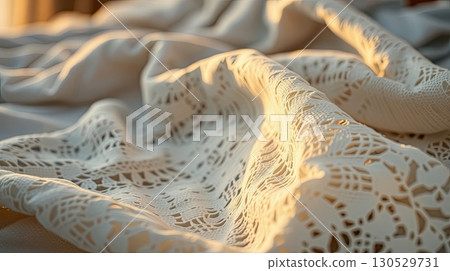 Cozy bedroom with soft bed linen and warm lighting. Cozy bedroom with soft bed linen and warm lighting. 130529731