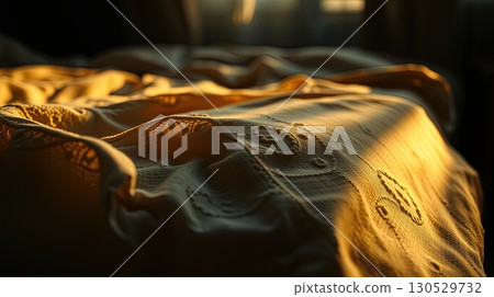 Cozy bedroom with soft bed linen and warm lighting. 130529732