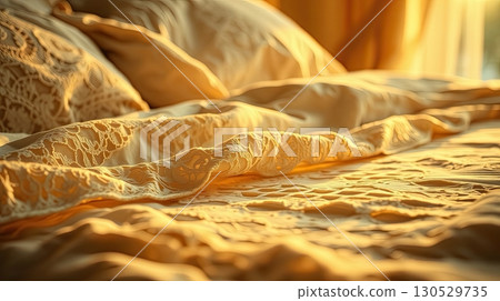 Comfortable bed with plush sheets in soft ambiance. 130529735