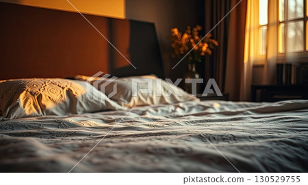 Bedroom with textured bedding and ambient lighting. Bedroom with textured bedding and ambient lighting. 130529755