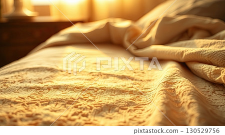 Bedroom with textured bedding and ambient lighting. Bedroom with textured bedding and ambient lighting. 130529756