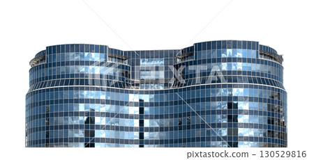 Modern office building with a sleek glass facade. Curved structure reflecting the blue sky, creating Modern office building with a sleek glass facade. Curved structure reflecting the blue sky, creating 130529816