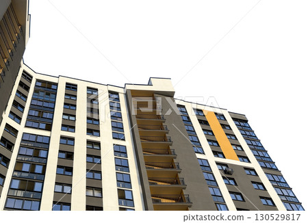 Modern residential condominium with geometric architecture, yellow accents, and large windows. The Modern residential condominium with geometric architecture, yellow accents, and large windows. The 130529817
