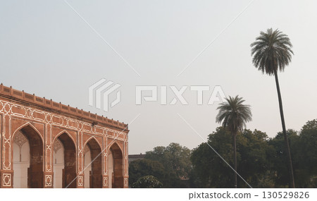 red sandstone arcade at the Humayun s Tomb complex in Delhi, India, with its characteristic white 130529826