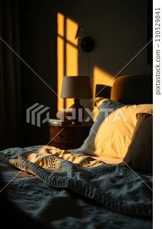 Cozy bedroom corner with inviting bed linen. 130529841