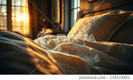 Inviting bed with plush pillows and linens. Inviting bed with plush pillows and linens. 130529881
