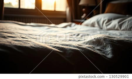 Relaxing interior with soft cozy bed and ambient light. 130529901