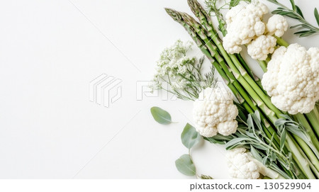 Fresh cauliflower and asparagus arranged as decorative bouquet 130529904