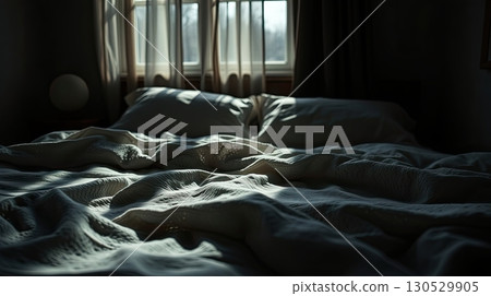Neatly made bed in warmly lit cozy bedroom. 130529905
