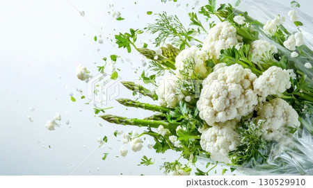Creative bouquet made of fresh cauliflower and asparagus on light background 130529910