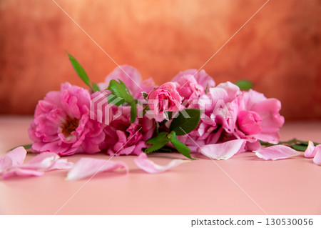 Thank you card among pink flowers on a pastel background 130530056