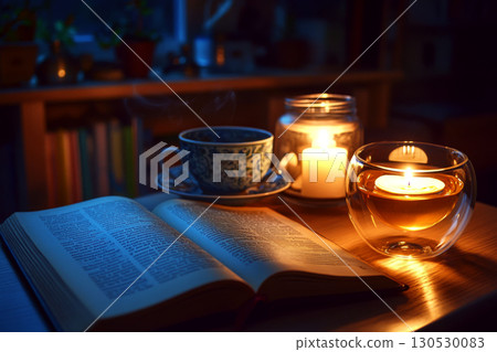 Open book, teacup, and lit candles on a wooden table in a cozy setting. Concept of relaxation and cozy reading. For creating a warm, inviting atmosphere. Open book, teacup, and lit candles on a wooden table in a cozy setting. Concept of relaxation and cozy reading. For creating a warm, inviting atmosphere. 130530083