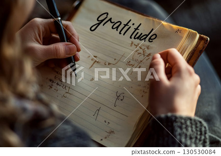 A hand writes in a journal with "gratitude" at the top. Concept of journaling and mindfulness. For self-reflection content. A hand writes in a journal with "gratitude" at the top. Concept of journaling and mindfulness. For self-reflection content. 130530084