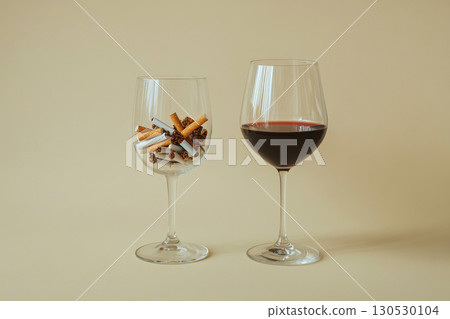 A wine glass is filled with cigarette butts next to a glass of red wine on a beige background. Concept of addiction and contrast. For anti-smoking campaign. 130530104
