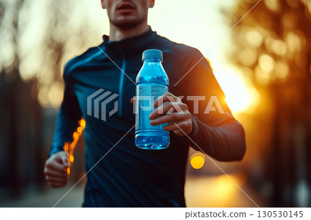A person running outdoors holds a bottle of water, with a warm sunset in the background. Concept of fitness and hydration. For promoting healthy lifestyle 130530145