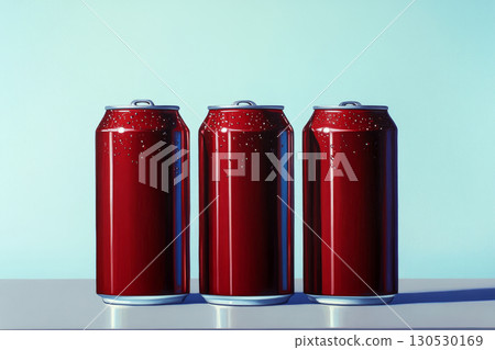 Three red beverage cans with condensation stand in a row on a white surface against a light blue background. Concept of refreshment and beverages. For advertising drinks Three red beverage cans with condensation stand in a row on a white surface against a light blue background. Concept of refreshment and beverages. For advertising drinks 130530169