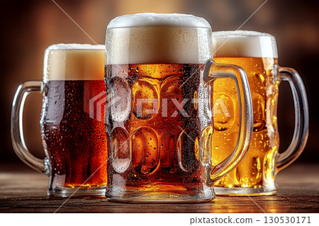 Three large beer mugs with different types of foamy beer sit on a wooden table. Concept of refreshment and enjoyment. For beverage marketing. 130530171