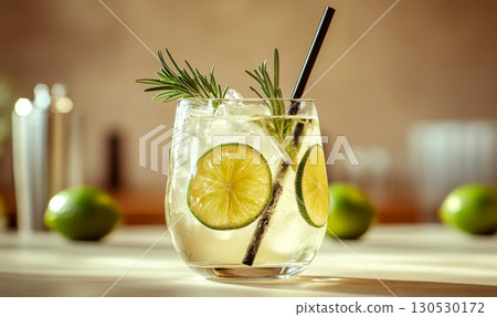 A glass of cocktail with lime slices, rosemary, and a straw sits on a table. Concept of refreshing drink. For beverage advertising. 130530172