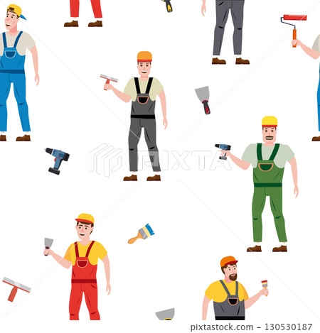Seamless pattern construction workers uniforms repair on construction site 130530187